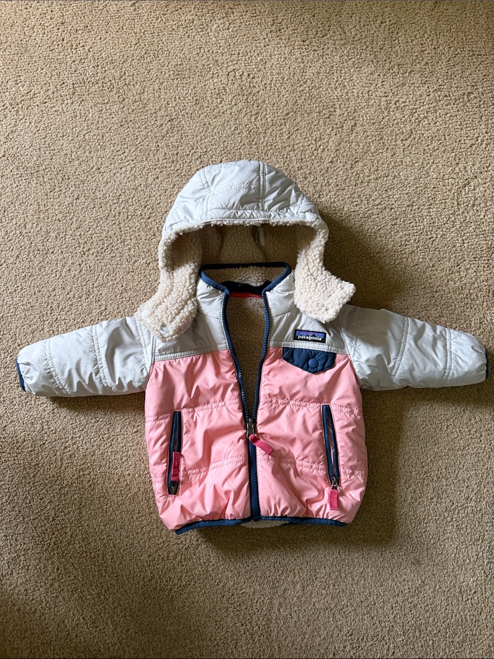 Patagonia Kids Pink & Cream Hooded Puffer Jacket with Navy Trim